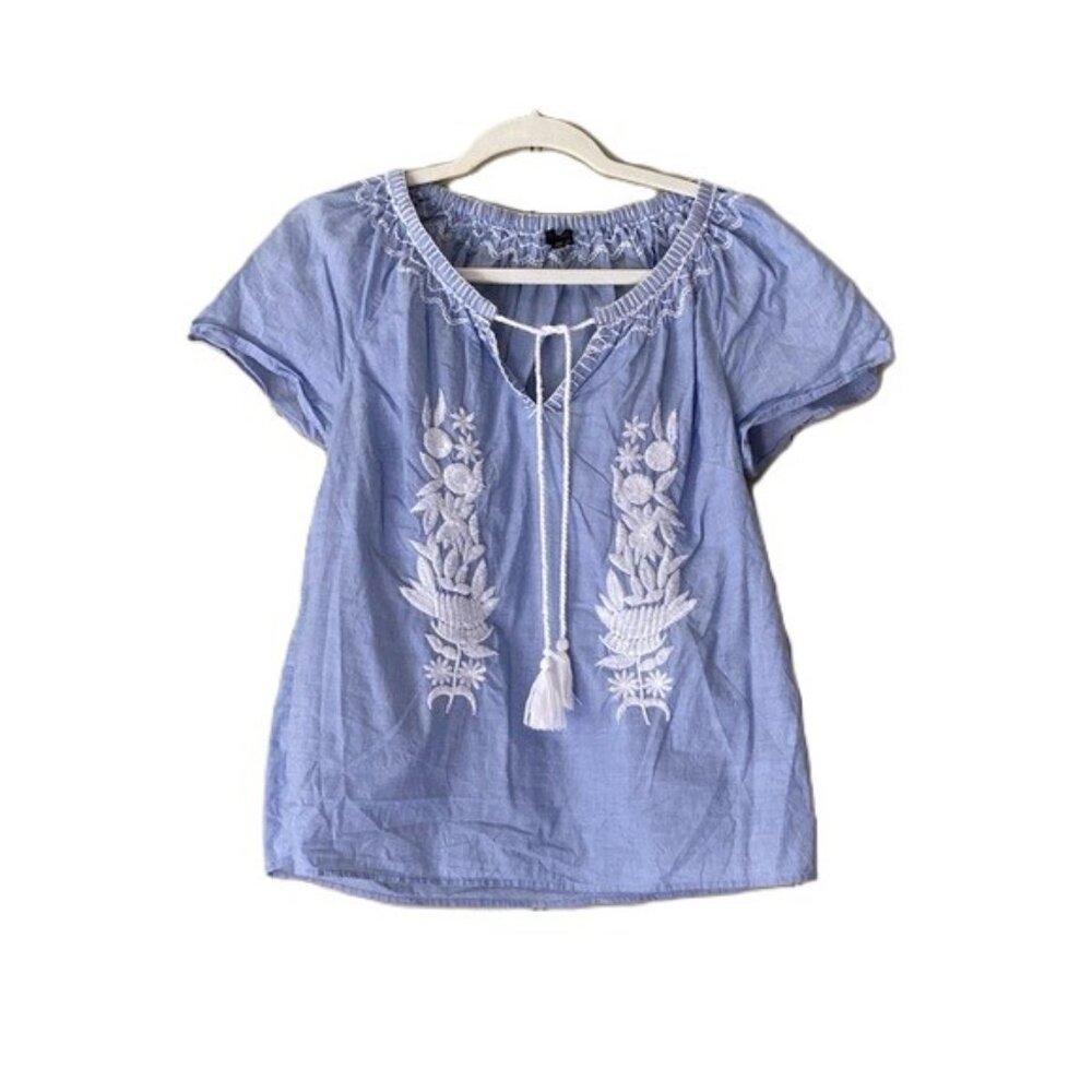 Light Blue Short-Sleeve Cotton Blouse with Tie Front | XS | Talbots